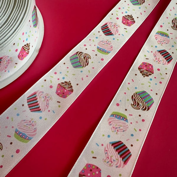 40 mm cupcake wired ribbon bakery supply , sweet treats strip , birthday cake topper , home baking gift box decor , bow making , DIY craft