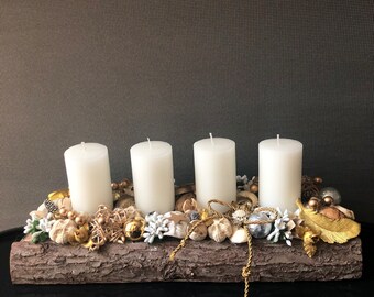 Gold white table centrepiece for Christmas uk , elegant luxury candle holder dinner setting , Advent table arrangement , rustic home decor