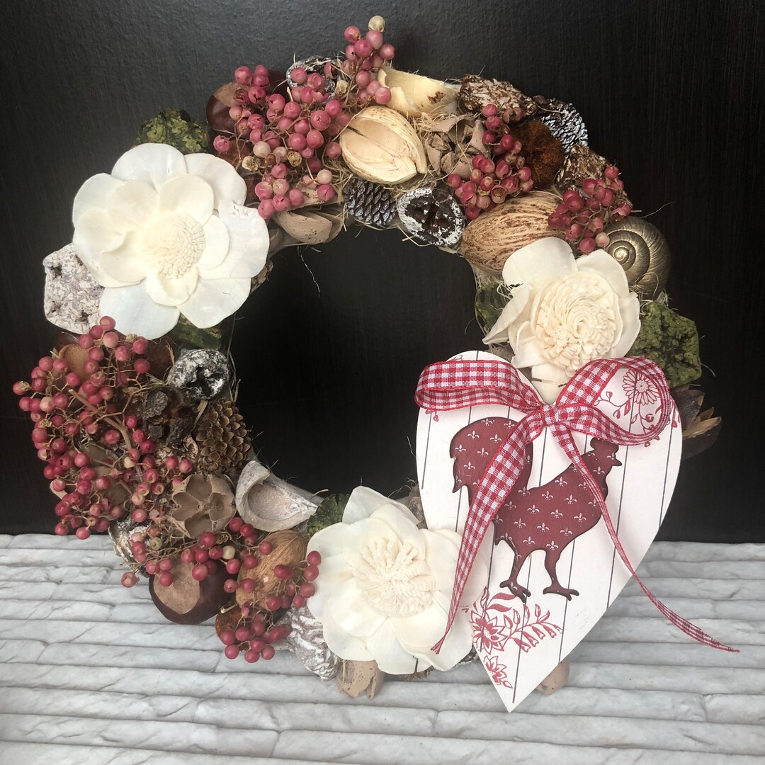 English Cottage Rooster Butterfly Wreath , Dried Floral Wall Hanging ...