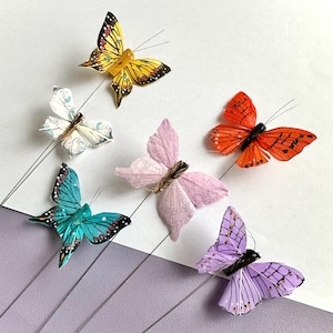 May include: Six decorative butterflies in a variety of colours, including yellow, orange, pink, teal, white, and purple. Each butterfly has detailed wings and wire antennae. Ideal for craft projects or adding a touch of nature to home decor.