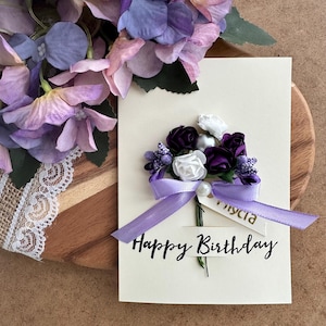 Carte d'anniversaire bouquet de fleurs violettes pour fille, cadeau souvenir, carte de voeux 3D de style vintage pour elle, cadeau personnalisé pour carte de meilleure amie