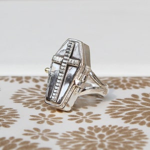 Beautiful Coffin Ring |Pill Box~Locket | Snuff Ring | Box Ring |925 Sterling Silver Plated Ring|Cross Coffin Ring | Compartment Ring