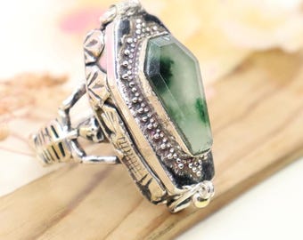 Moss Agate Coffin Locket Ring, Skeleton Box Ring Christmas Gift For Her