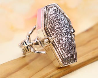 Silver Plated Coffin Locket Ring, Boho Skeleton Ring