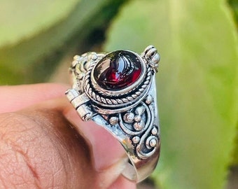 Poison Ring, Mother day gift,Garnet Ring, 925 Sterling Silver Plated Ring, Red Stone Ring,Handmade Poison Ring,Pill Box Ring, Gift for Her