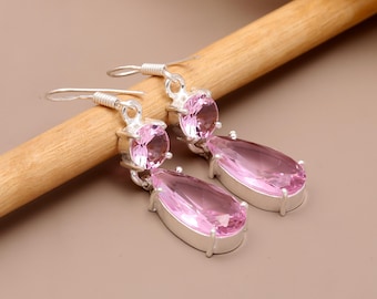 Pink Kunzite 925 Sterling Silver Drop Earrings, Handcrafted
