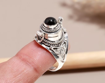 Black Onyx Locket Ring, Silver Plated Pill Box Ring, Handmade Secret Compartment Jewelry, Halloween Gifts for Her