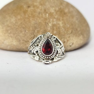 Poison box Ring, Mother day gift,Garnet box Ring, 925 Sterling Silver Plated Ring, Red Stone Ring,Handmade Poison Ring, Pear Shape Ring, her image 1