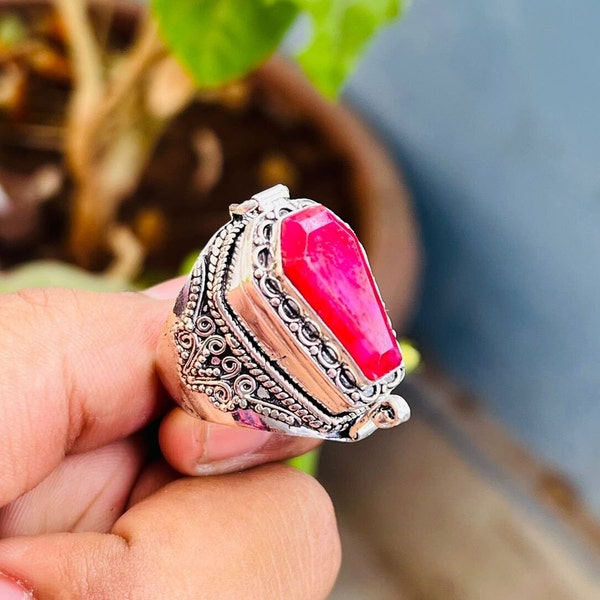 Poison Ring With Natural Ruby Gemstone ,Silver Plated Ring,Poision Box Ring,Fancy Ring,Secret Compartment Ring,Rings For Gift,Coffin Ring,