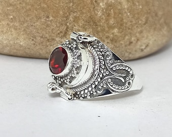Garnet Locket Ring, 925 Sterling Silver Plated Compartment Ring