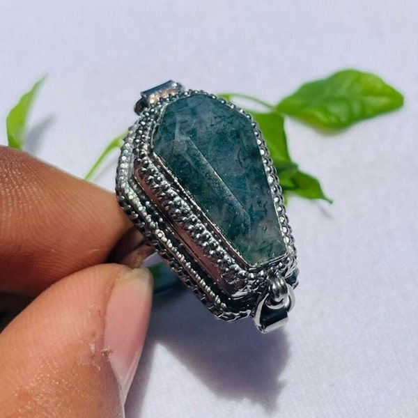 Moss Agate Gemstone Coffin Ring|Box Rings|Silver Plated With Oxidized|Mother day Gift|Box Coffin Ring|Rings For Women And Girls