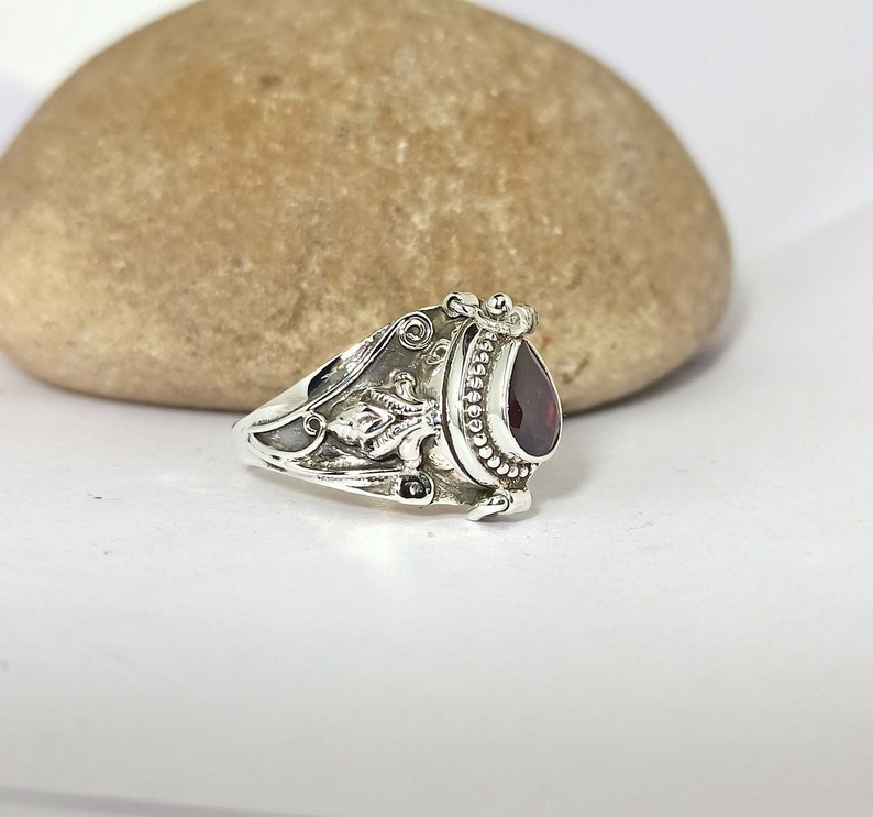 Poison box Ring, Mother day gift,Garnet box Ring, 925 Sterling Silver Plated Ring, Red Stone Ring,Handmade Poison Ring, Pear Shape Ring, her image 4