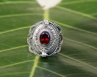 Halloween Special, Poison Ring, Compartment ring, Garnet Ring, 925 Sterling Silver Plated Ring Silver box Ring ,Red Stone Ring