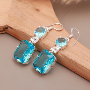 Blue Topaz Earrings, Handmade Earrings, 925 Sterling Silver, Teardrop Blue Topaz Earrings, Gift for her, Dangle-Drop Earrings