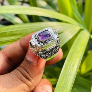 Locket Ring- Amethyst Gemstone Ring, 925 Sterling Silver Plated, Box Ring, Compartment Ring, Medicine Ring, Valentine Gift