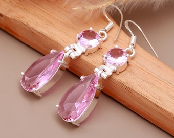 Sterling Silver Pink Kunzite Gemstone Drop Earrings