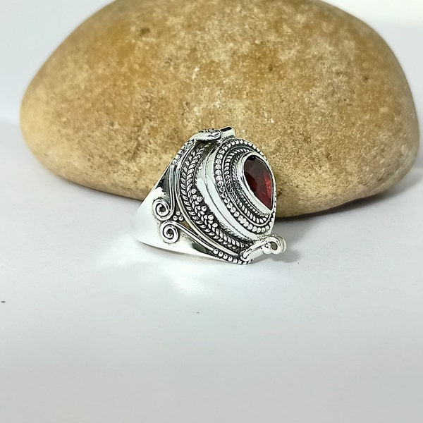 Mother day Special  ,Poison Ring, Compartment ring, Garnet Ring, 925 Sterling Silver Plated Ring, Silver box Ring  Gift for mom