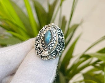 Beautiful Silver Plated Marquise Cut Poison Ring With Natural Labradorite Gemstone For Women And Girls ,Compartment Ring,Rings For Gifts