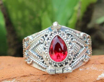 Handmade Silver Plated Garnet Box Ring, Designer Jewellery