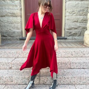 red handkerchief dress Vintage 70's Jody T of California Red Handkerchief Flutter Sleeve Dress
