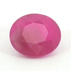 May include: A round, faceted gemstone with a vibrant, translucent hot pink colour. The stone features a symmetrical cut with multiple triangular facets that reflect light across its surface, creating a clear and polished appearance throughout.