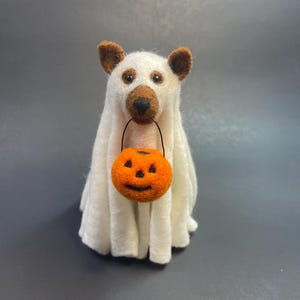 Ghost dog trick or treater needle felted figurine Halloween gift