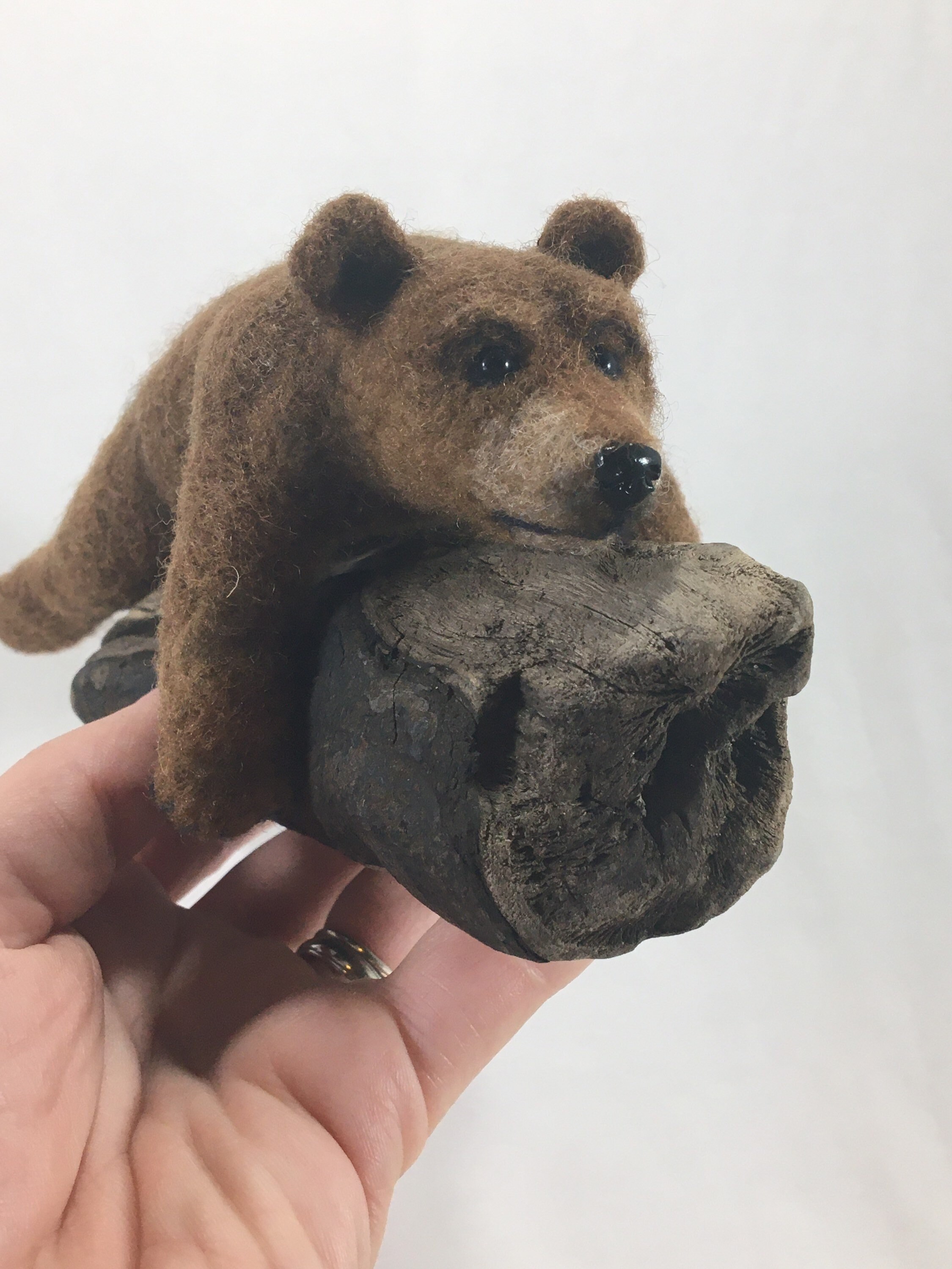 Needle Felted Brown Bear Resting on Driftwood Etsy