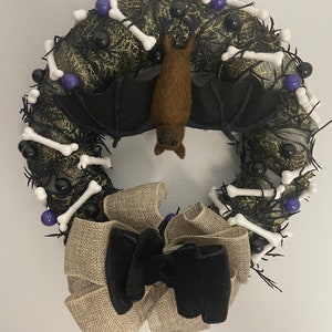 Halloween wreath with needle felted bat