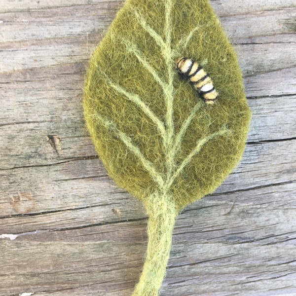 Baby monarch caterpillar on a leaf needle felted wool sculpture
