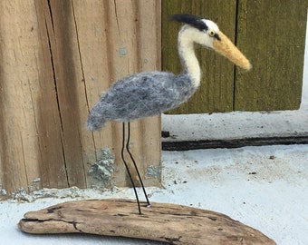 Needle felted great blue heron miniature wool blue heron bird sculpture