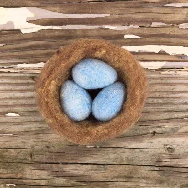 Needle Felted Bird Nest with 3 Eggs, Felted wool Robin’s Nest