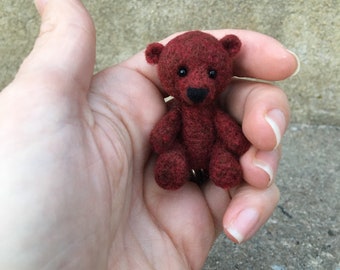 Needle Felted Miniature Teddy Bear, Burgundy Valentine Bear