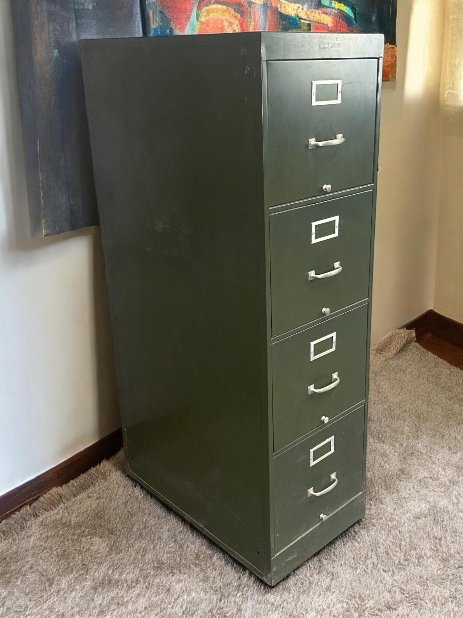 SHAW WALKER★メタルキャビネット/ラック★アンティークUSAビンテージ Shaw-walker Filing Cabinet, Vintage Metal 4 Drawer Green File