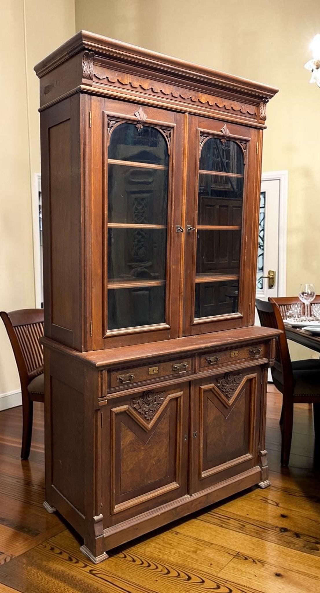 Victorian Walnut Bookcase Cabinet, Glass Door Cupboard, Burl Wood