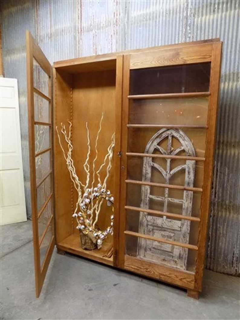 Vintage Wood Storage Bookcase With Glass Doors, Rustic Cupboard