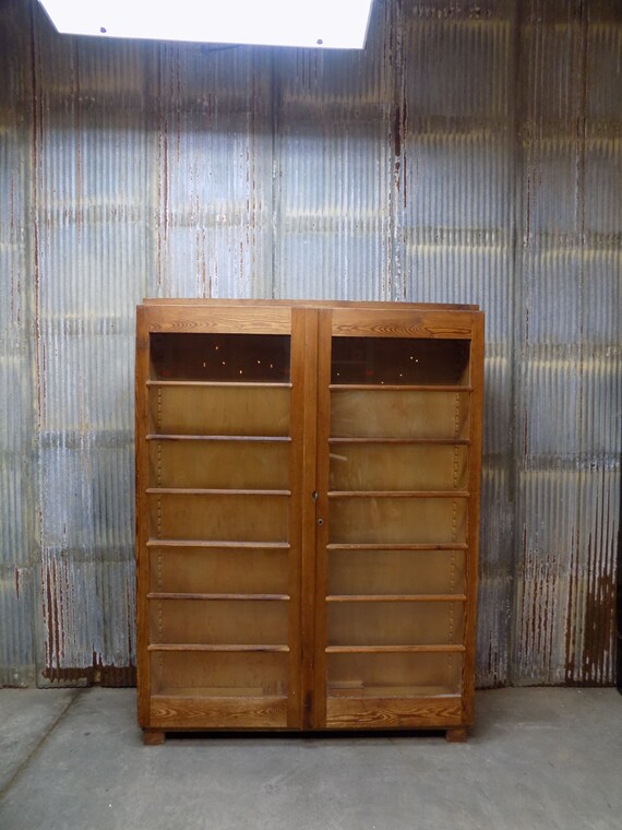 Vintage Wood Storage Cabinet Bookcase With Glass Doors Rustic Etsy