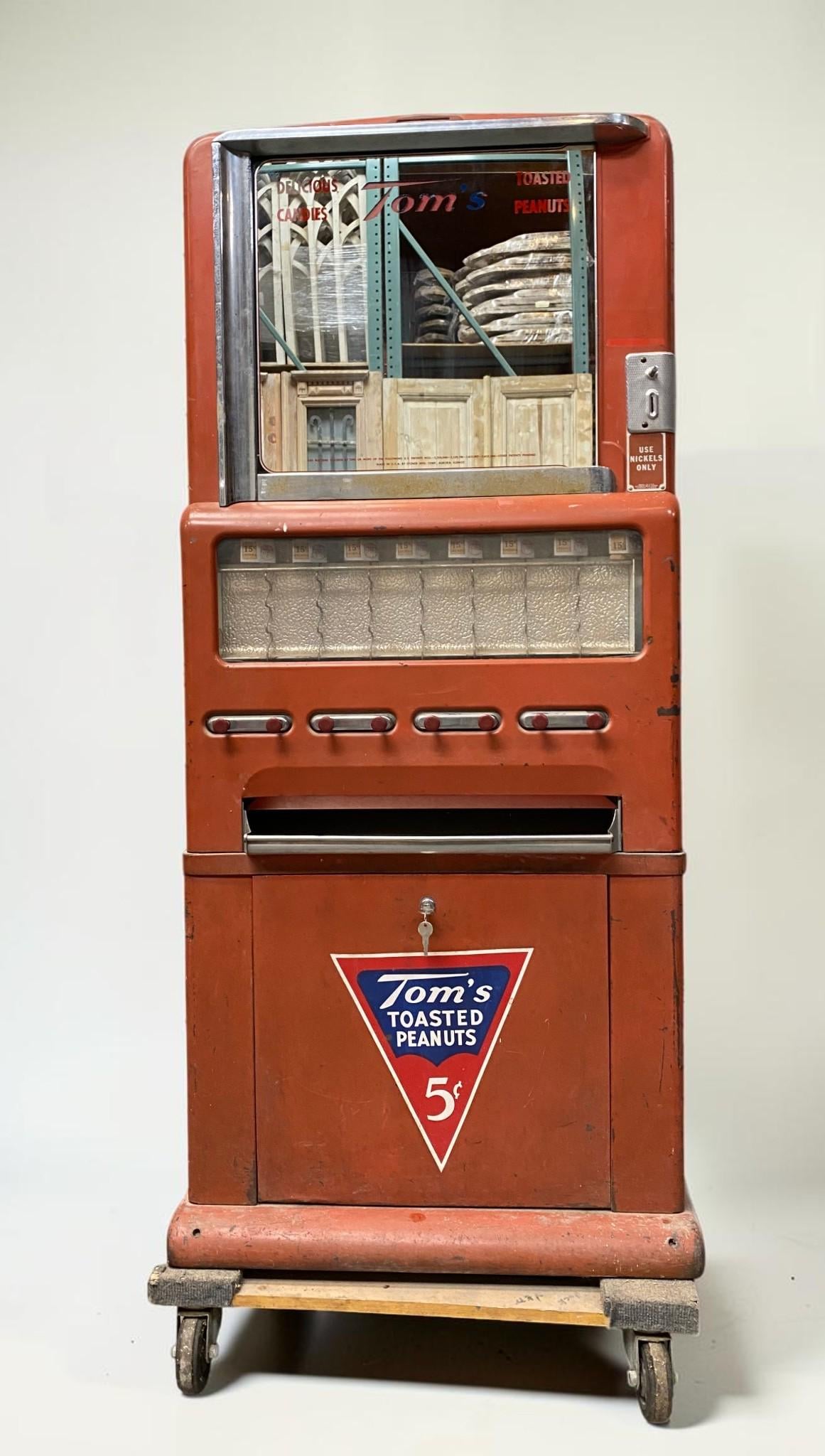 Tom's Toasted Peanuts Vending Machine, Vintage Coin Op Dispenser