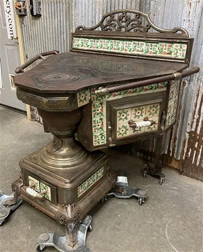 Early Cast Iron & Tile Victorian Stove, Wood Cook Stove, Vintage Parlor Stove, Cast Iron Stove, Wood Burning Stove, Rustic Decor
