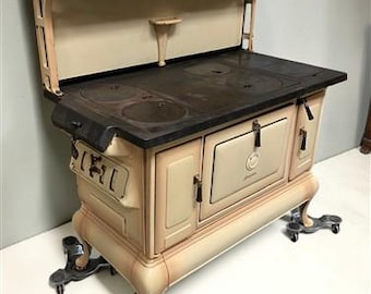 Monogram Cast Iron Wood Cook Stove, Cream Enamel, Top Shelf, Vintage Cook Range