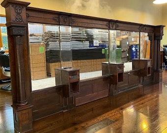 Vintage August Kern Barber Shop Back Bar Mirror Cabinet Victorian Salon Fixture