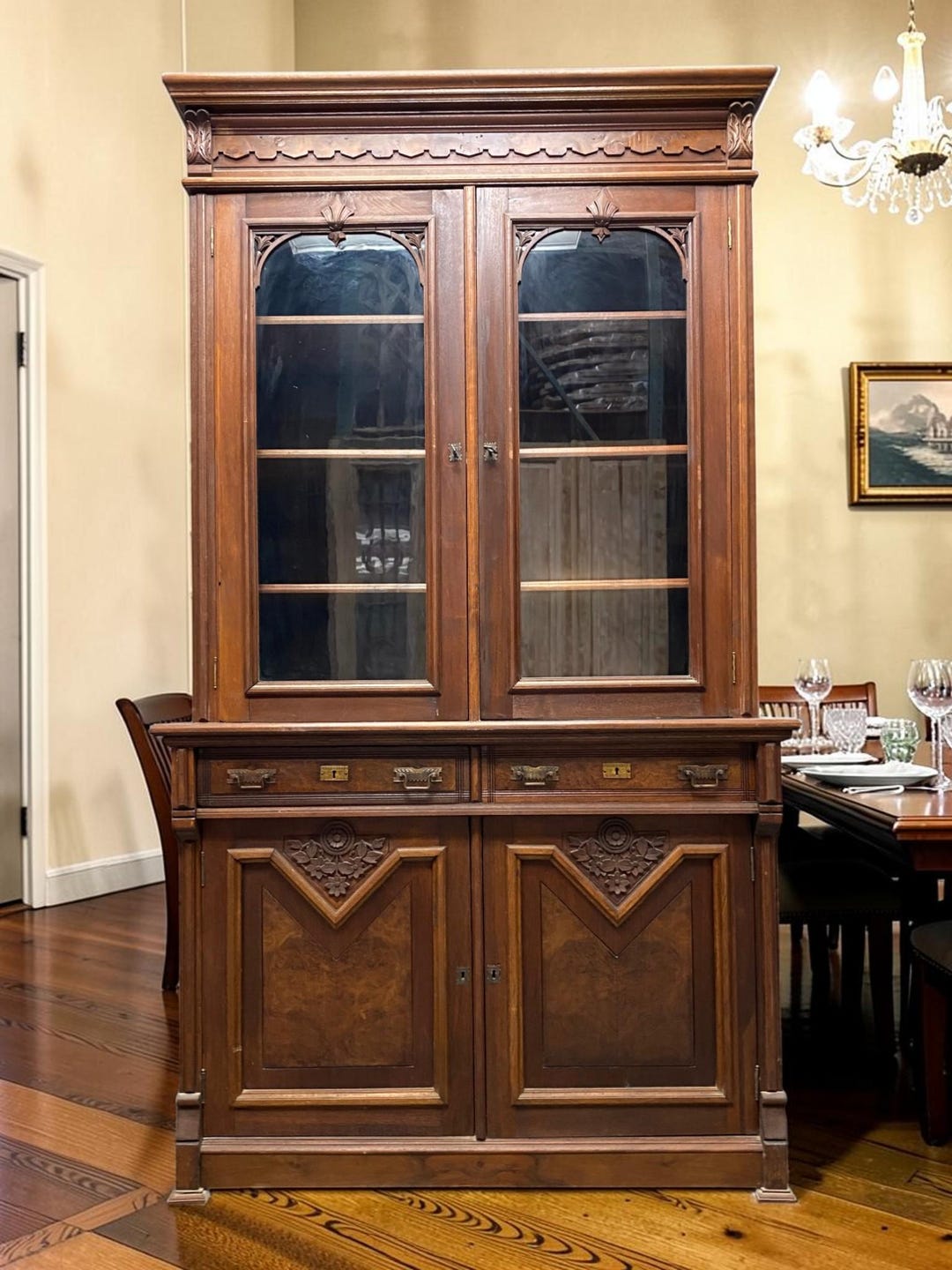 Victorian Walnut Bookcase Cabinet, Glass Door Cupboard, Burl Wood