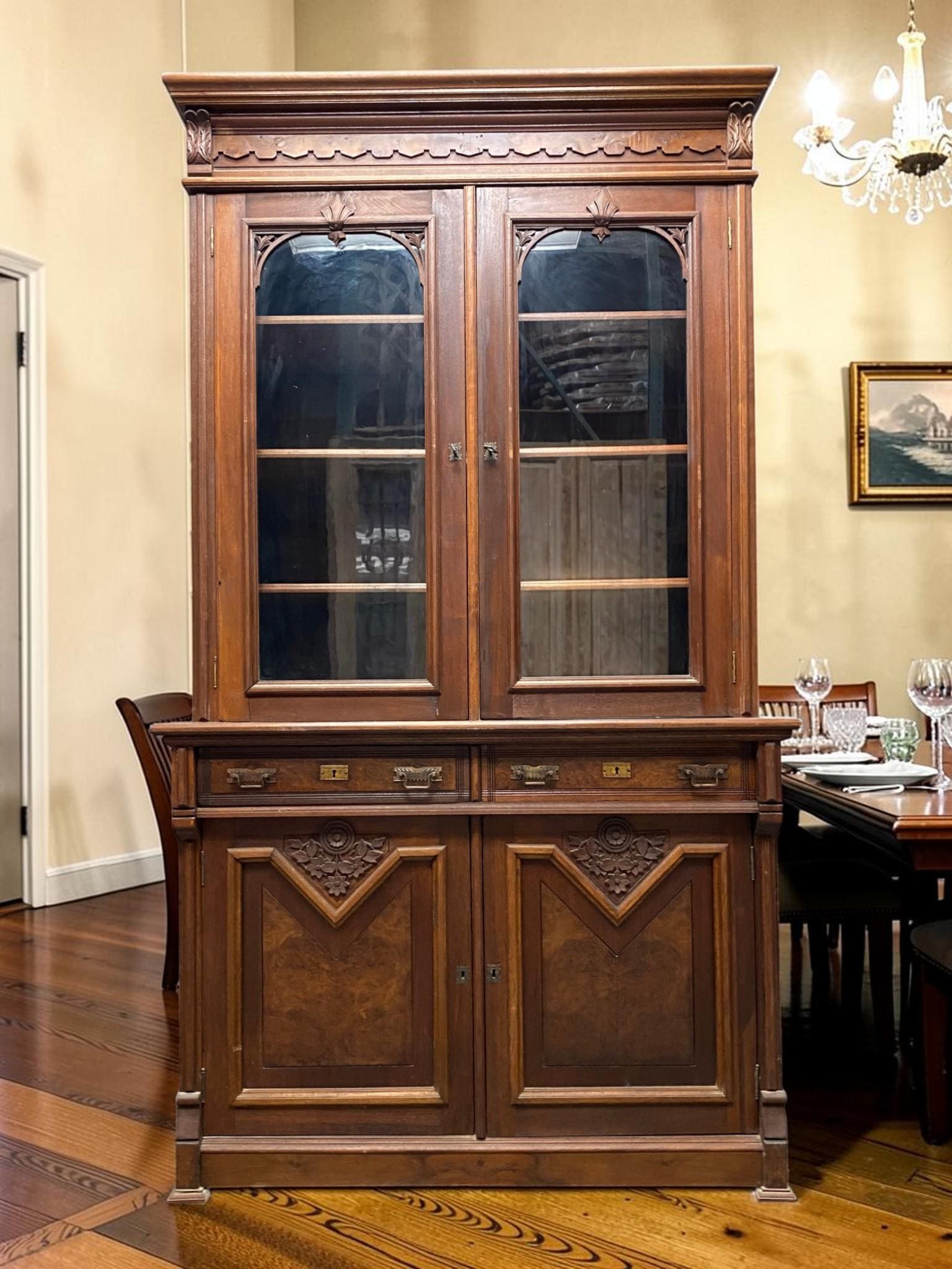 Victorian Walnut Bookcase Cabinet, Glass Door Cupboard, Burl Wood