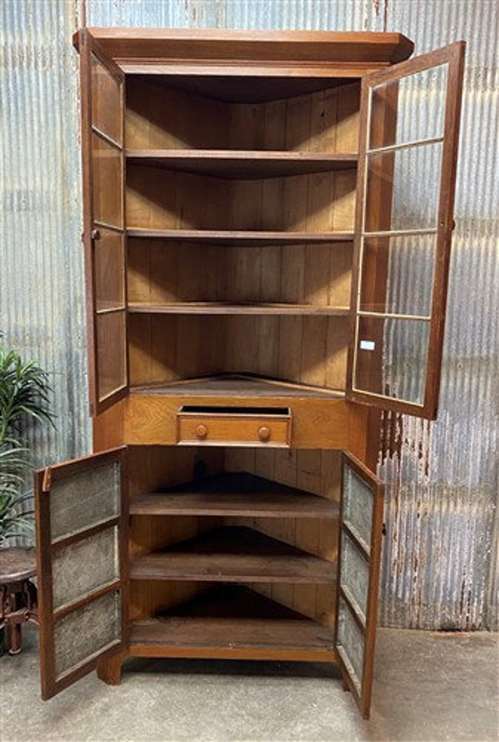 Primitive Glass Front Corner Display Case, Kitchen Pantry