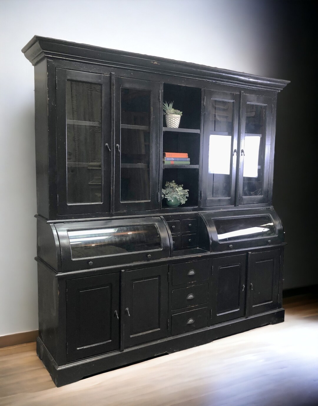 Curved Black Kitchen Hutch Cabinet, Kitchen Storage, Wood Pantry ...