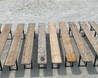 10 Vintage German Beer Garden Benches, Portable Industrial Wood Bench Seats 11C,