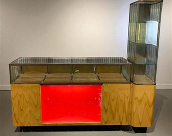 2 Pc. Parker Glass Display Case, Vintage Floor Showcase, Lighted Store Counter