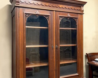 Victorian Walnut Bookcase Cabinet, Glass Door Cupboard, Burl Wood