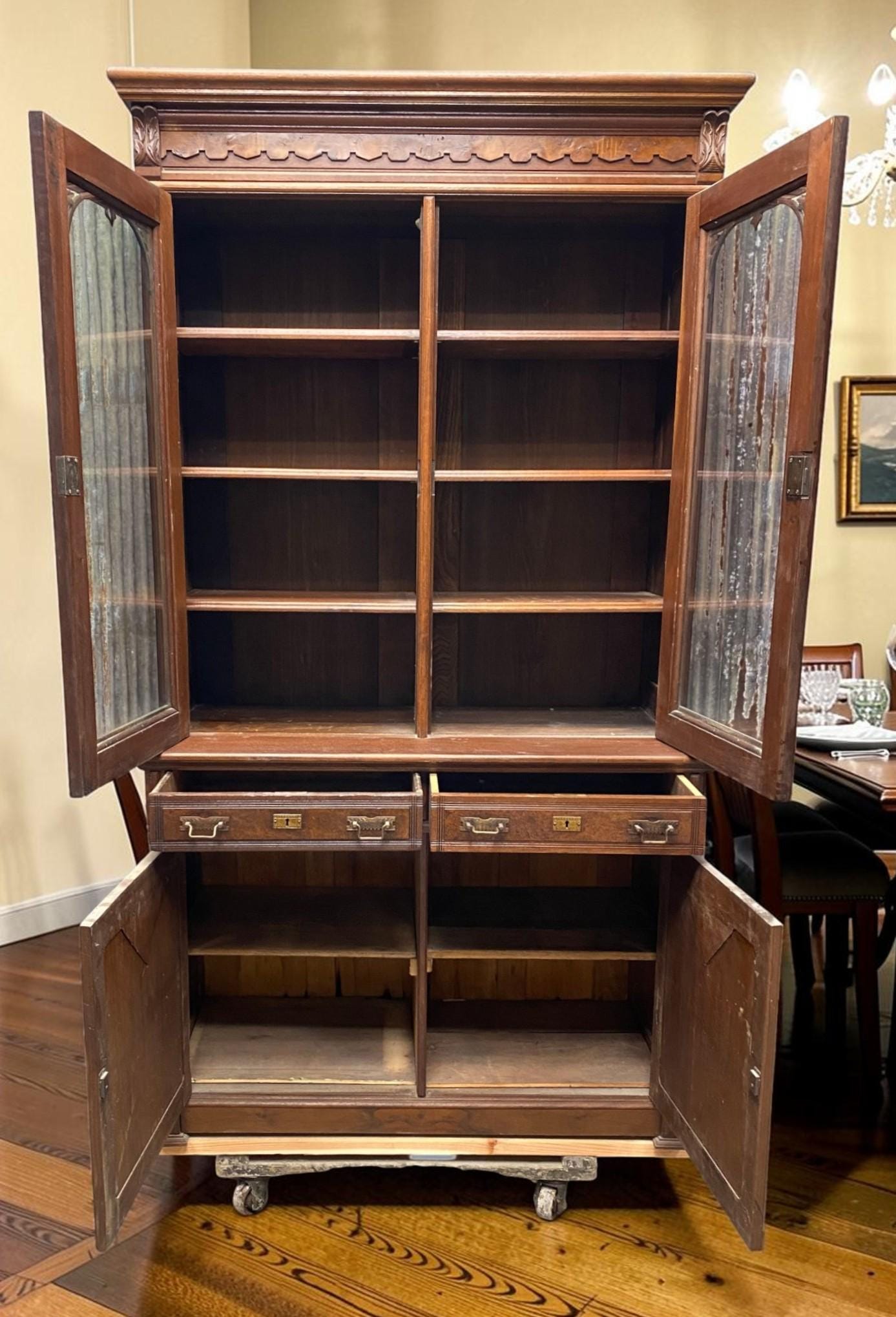 Victorian Walnut Bookcase Cabinet, Glass Door Cupboard, Burl Wood