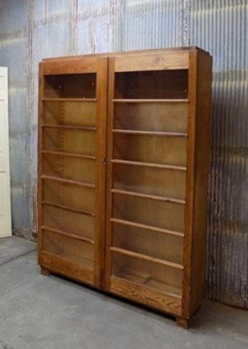 Vintage Wood Storage Bookcase With Glass Doors, Rustic Cupboard