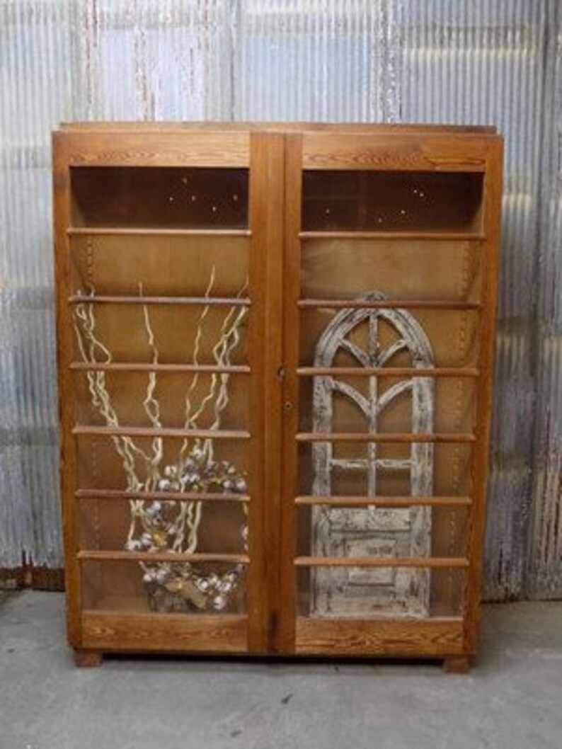 Vintage Wood Storage Bookcase With Glass Doors Rustic Etsy